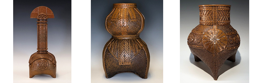 Three ceramic vessels highly textured and stained in a dark tone